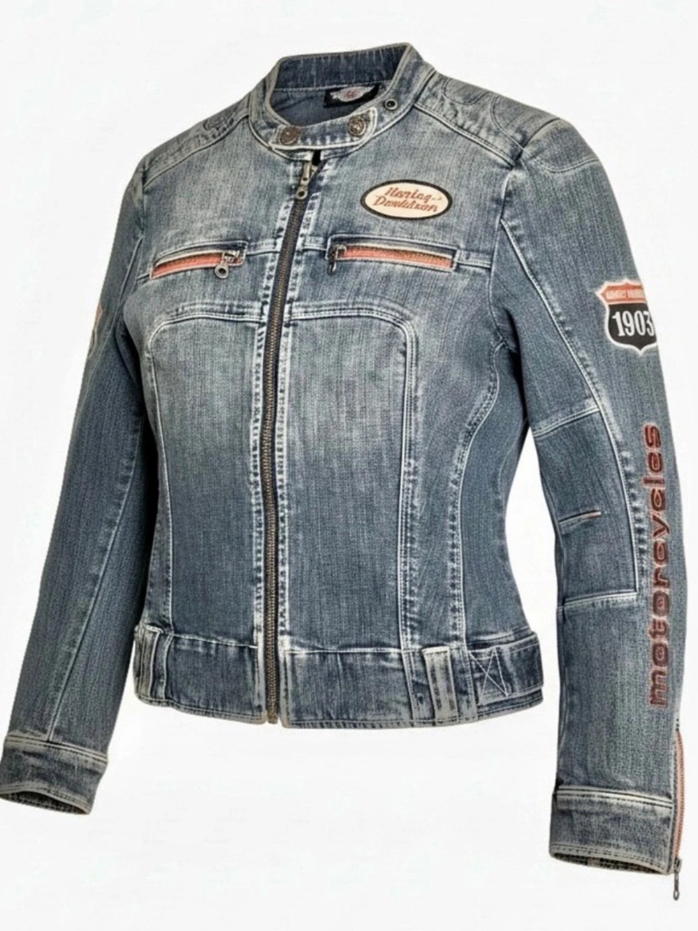 Harley-Davidson Women's Denim Riding Jacket Embroidered Size Large 5/2006 Vtg